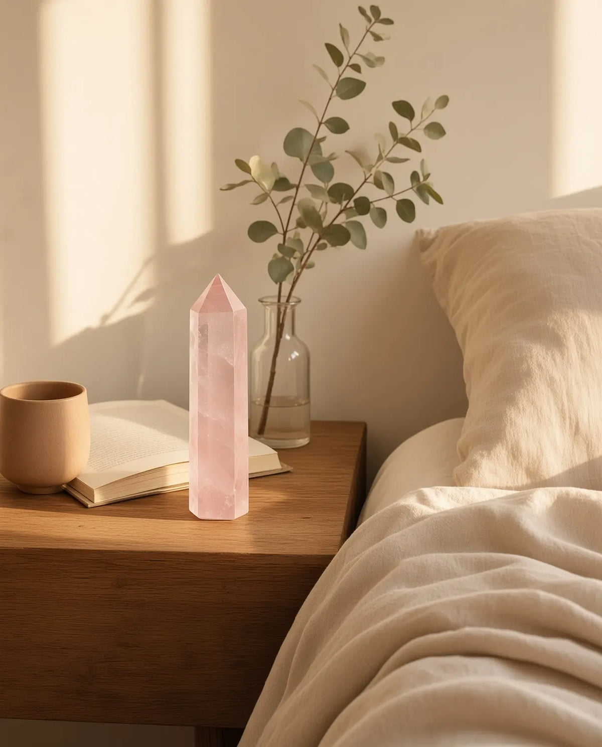 Rose quartz crystal tower on a bedroom nightstand with book and greenery