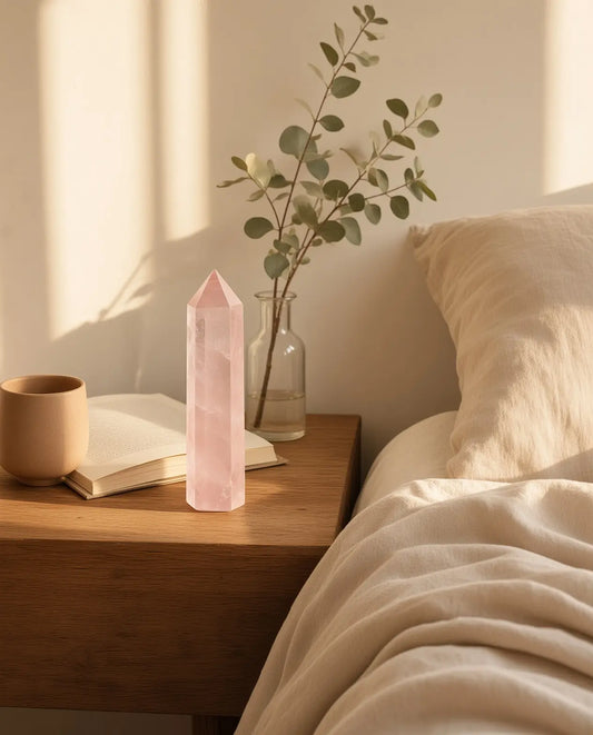 Rose quartz crystal tower on a bedroom nightstand with book and greenery