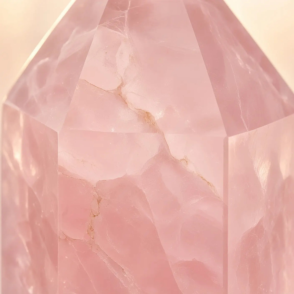 Close-up of rose quartz crystal tower with natural pink veining