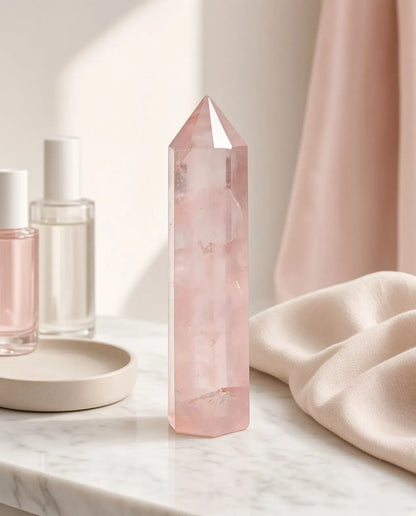 Rose quartz crystal tower on a marble vanity with skincare bottles