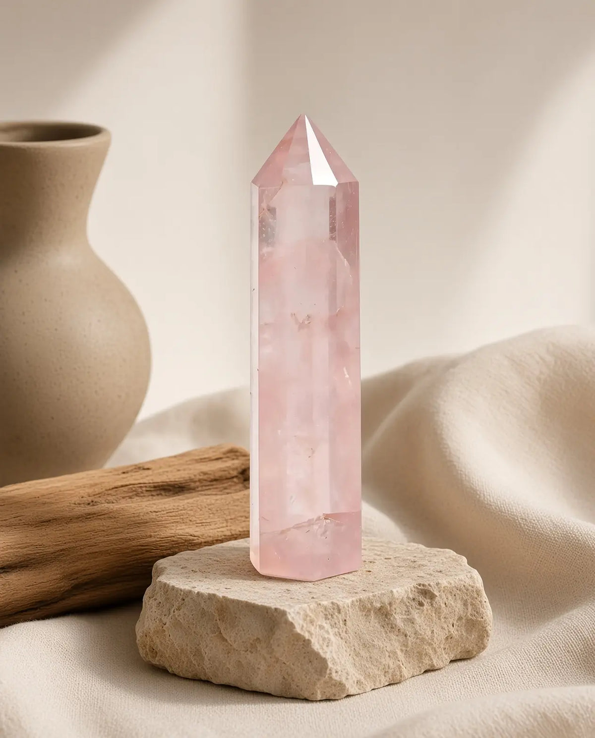 Rose quartz crystal tower on stone styled with driftwood and linen