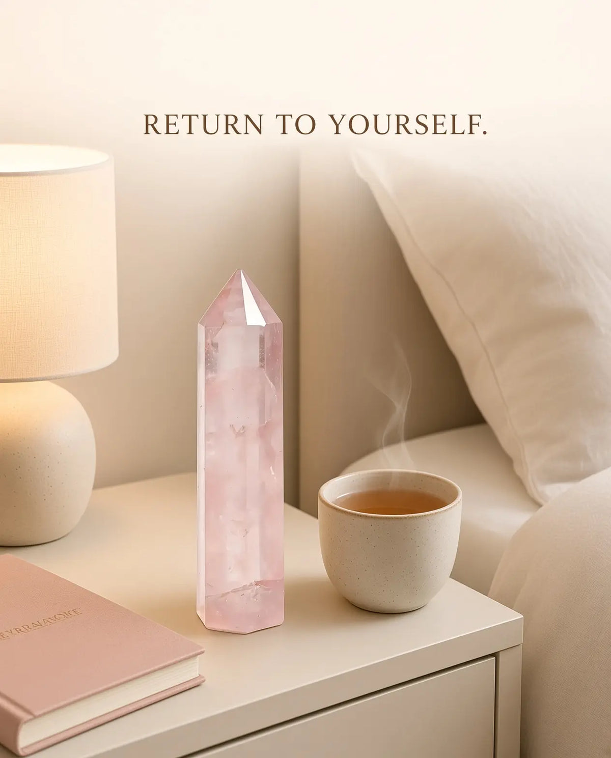 Rose quartz crystal tower on a bedroom nightstand with tea and lamp