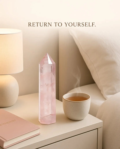 Rose quartz crystal tower on a bedroom nightstand with tea and lamp