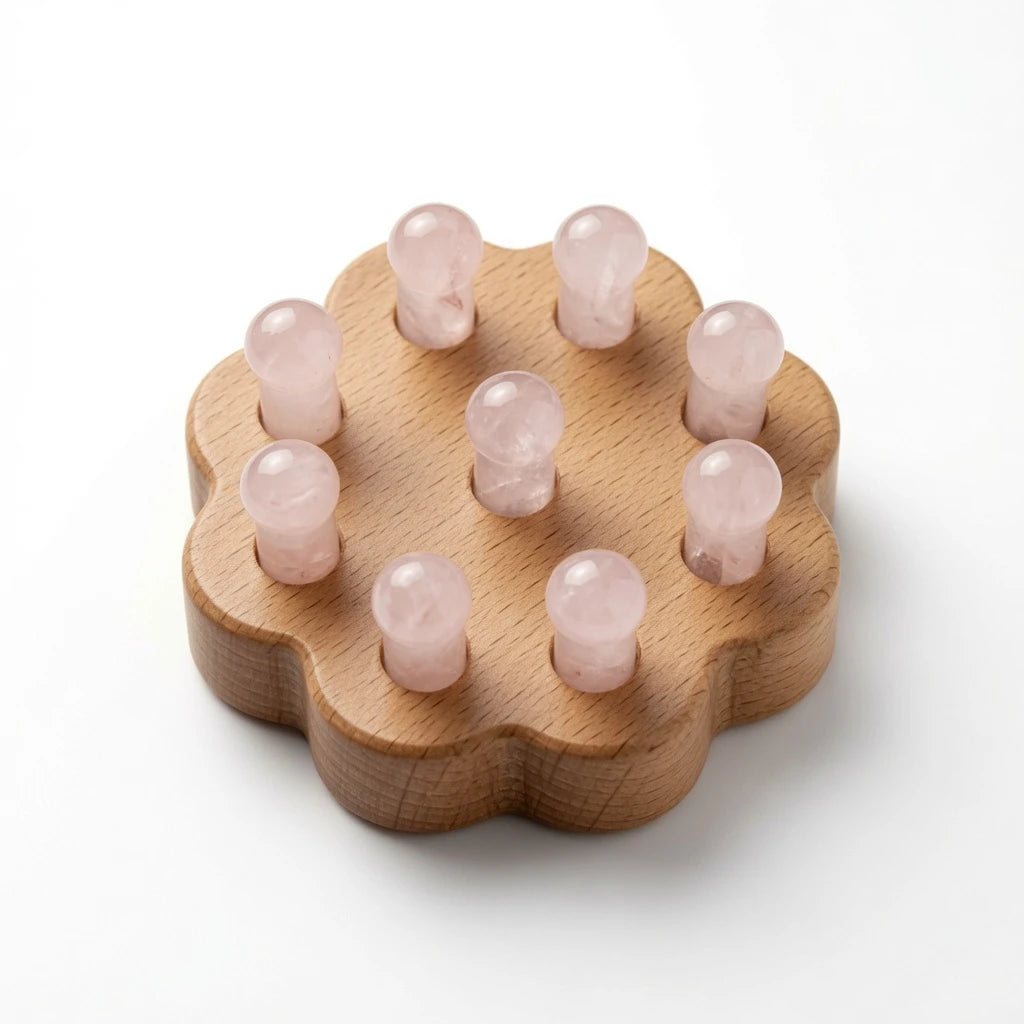 Natural rose quartz crystal bead scalp massager comb with beechwood handle, pink stone teeth on wooden base, beauty massage tool on white background