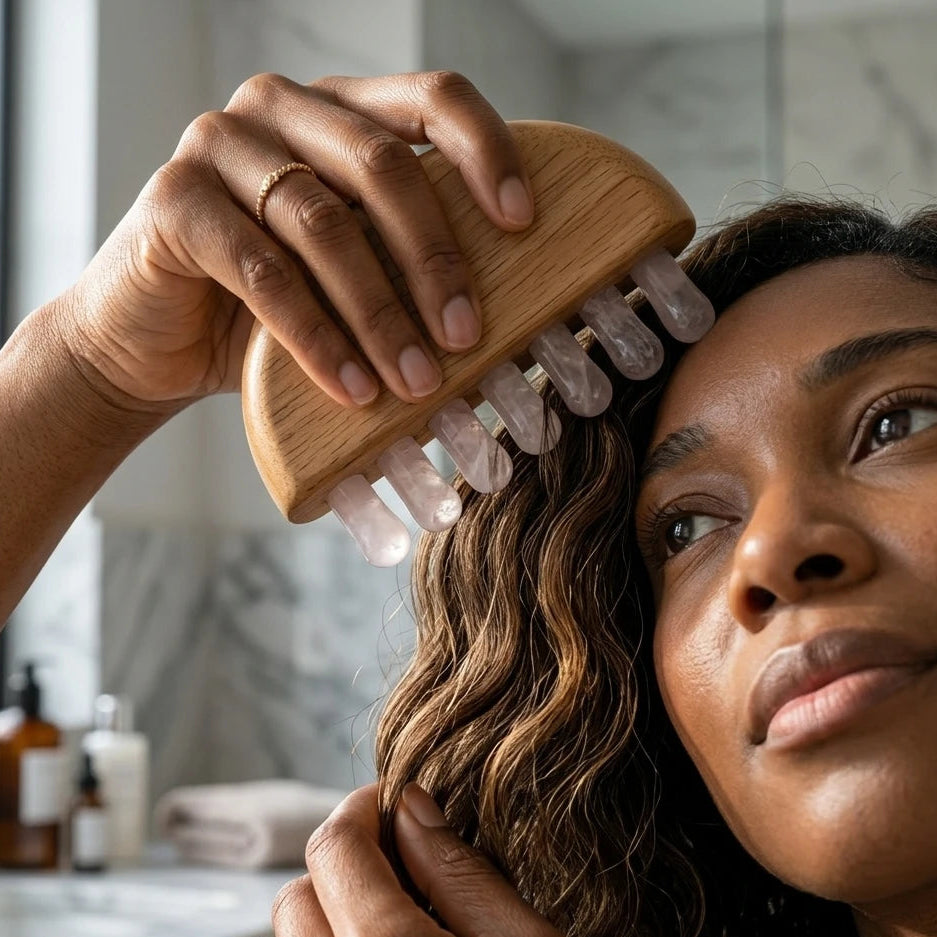 Rose quartz wide-tooth comb being used to gently detangle curly hair, showing natural crystal teeth spacing and anti-static wooden construction