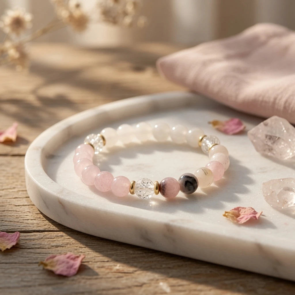 Close-up of pink rose quartz, clear quartz and gold accent beads