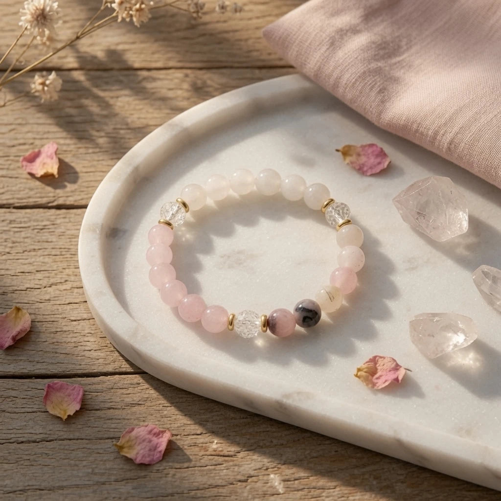 Rose quartz bracelet showing 8mm bead size and elastic fit