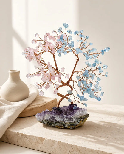 Rose quartz and aquamarine crystal tree styled with natural home decor