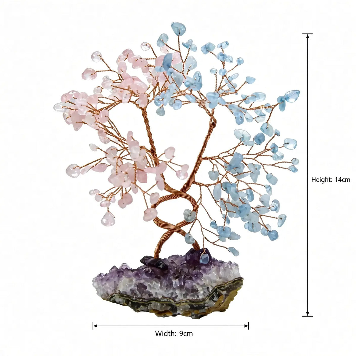 Rose quartz and aquamarine crystal tree, 14cm high and 9cm wide