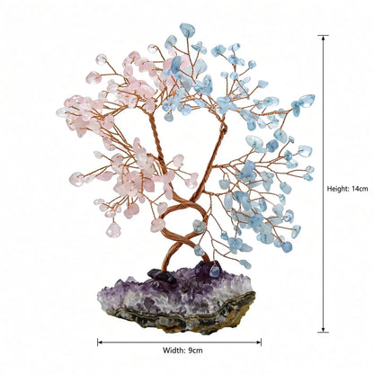 Rose quartz and aquamarine crystal tree, 14cm high and 9cm wide