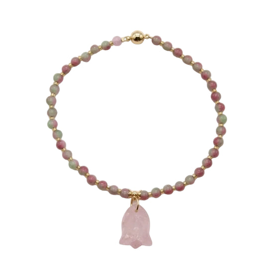 Natural watermelon tourmaline beaded cat collar necklace with carved rose quartz fish pendant and 18K gold magnetic clasp, healing crystal pet jewelry on white background