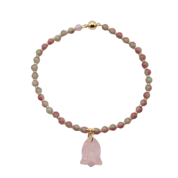 Watermelon tourmaline cat necklace with carved rose quartz fish pendant