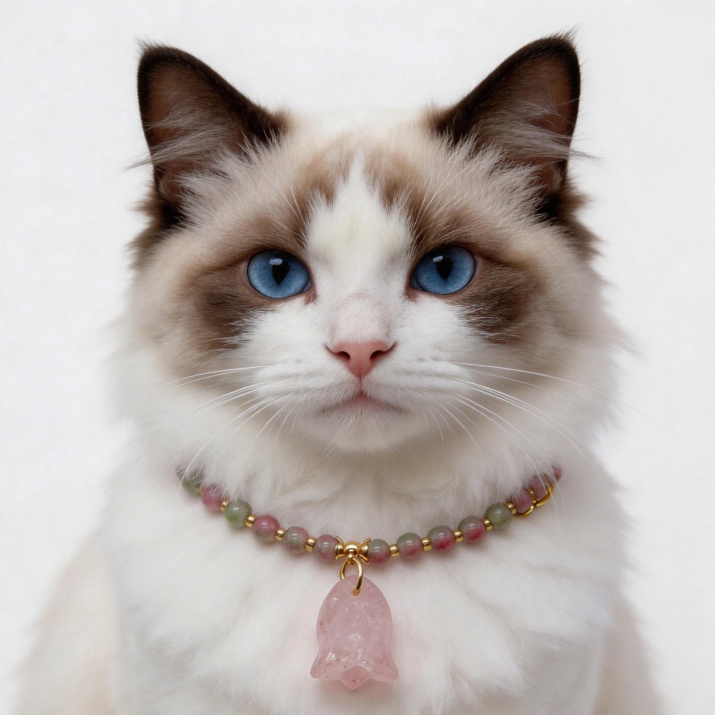Elegant cat wearing watermelon tourmaline and rose quartz crystal collar necklace with gold spacers, healing gemstone pet jewelry for cats with heart chakra energy
