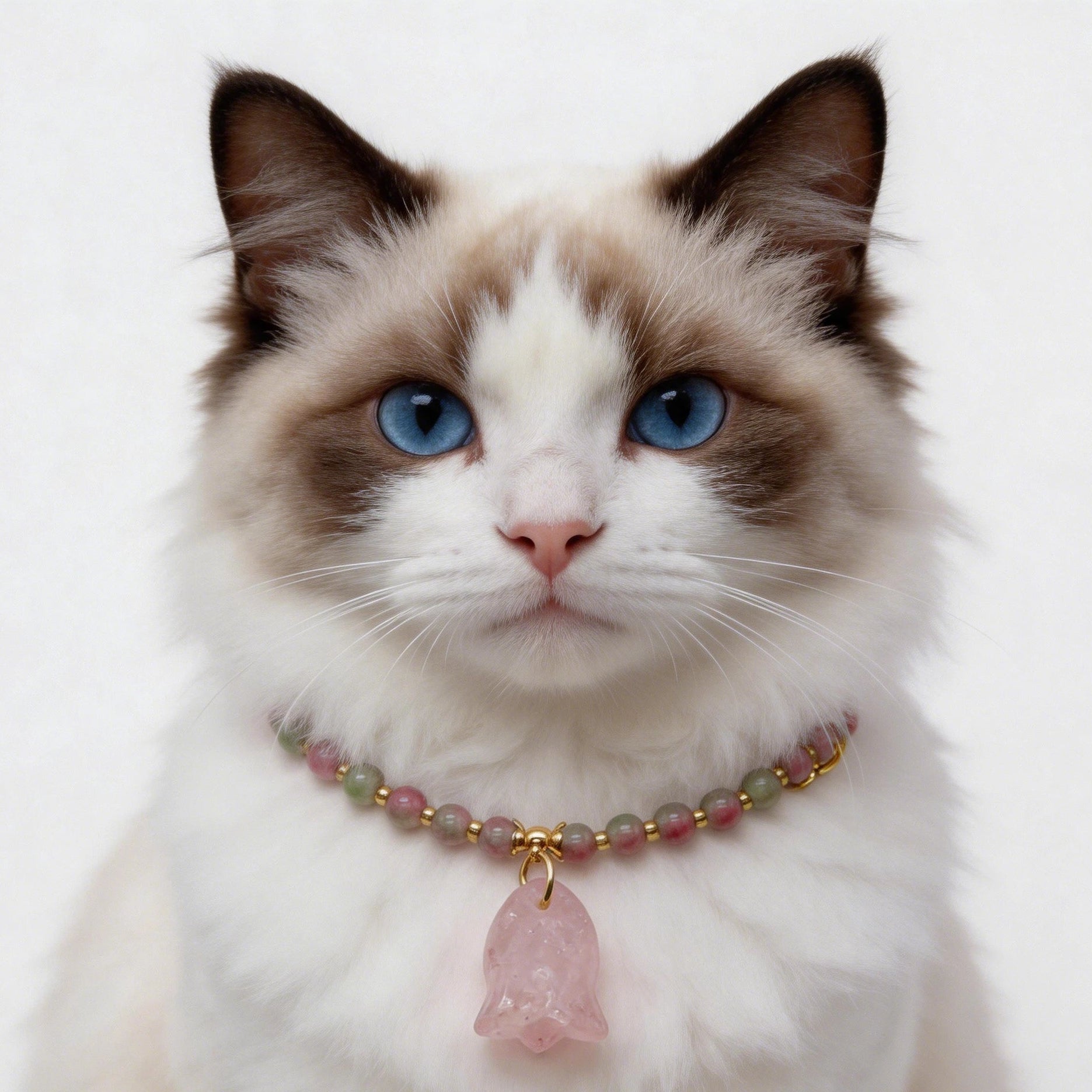 Elegant cat wearing watermelon tourmaline and rose quartz crystal collar necklace with gold spacers, healing gemstone pet jewelry for cats with heart chakra energy