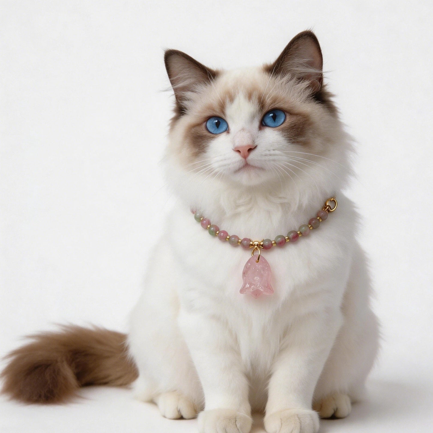 Elegant cat wearing watermelon tourmaline and rose quartz crystal collar necklace with gold spacers, healing gemstone pet jewelry for cats with heart chakra energy