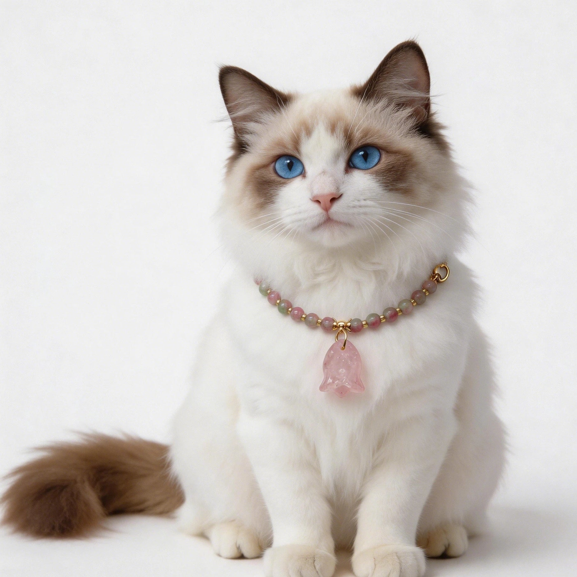 Elegant cat wearing watermelon tourmaline and rose quartz crystal collar necklace with gold spacers, healing gemstone pet jewelry for cats with heart chakra energy