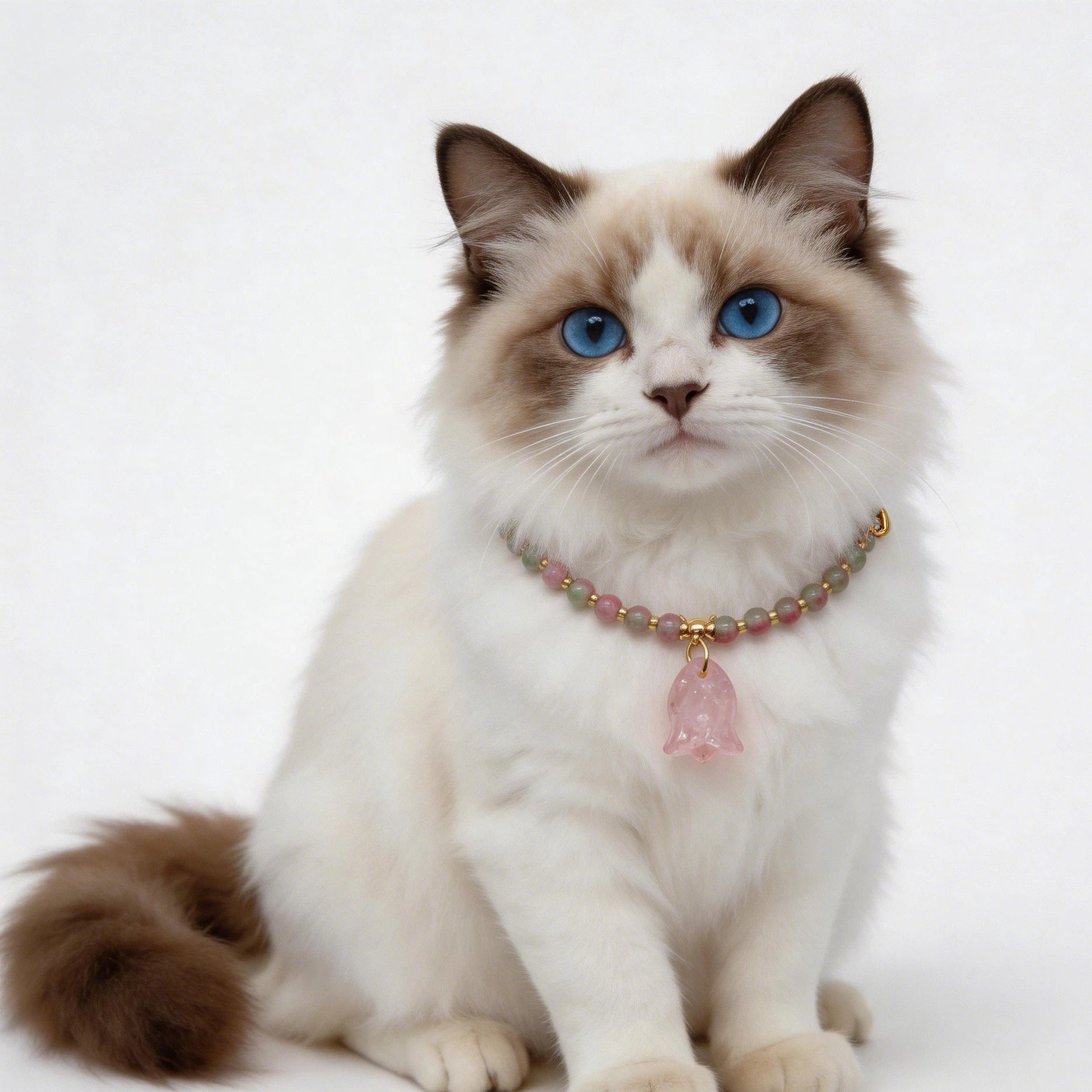 Elegant cat wearing watermelon tourmaline and rose quartz crystal collar necklace with gold spacers, healing gemstone pet jewelry for cats with heart chakra energy