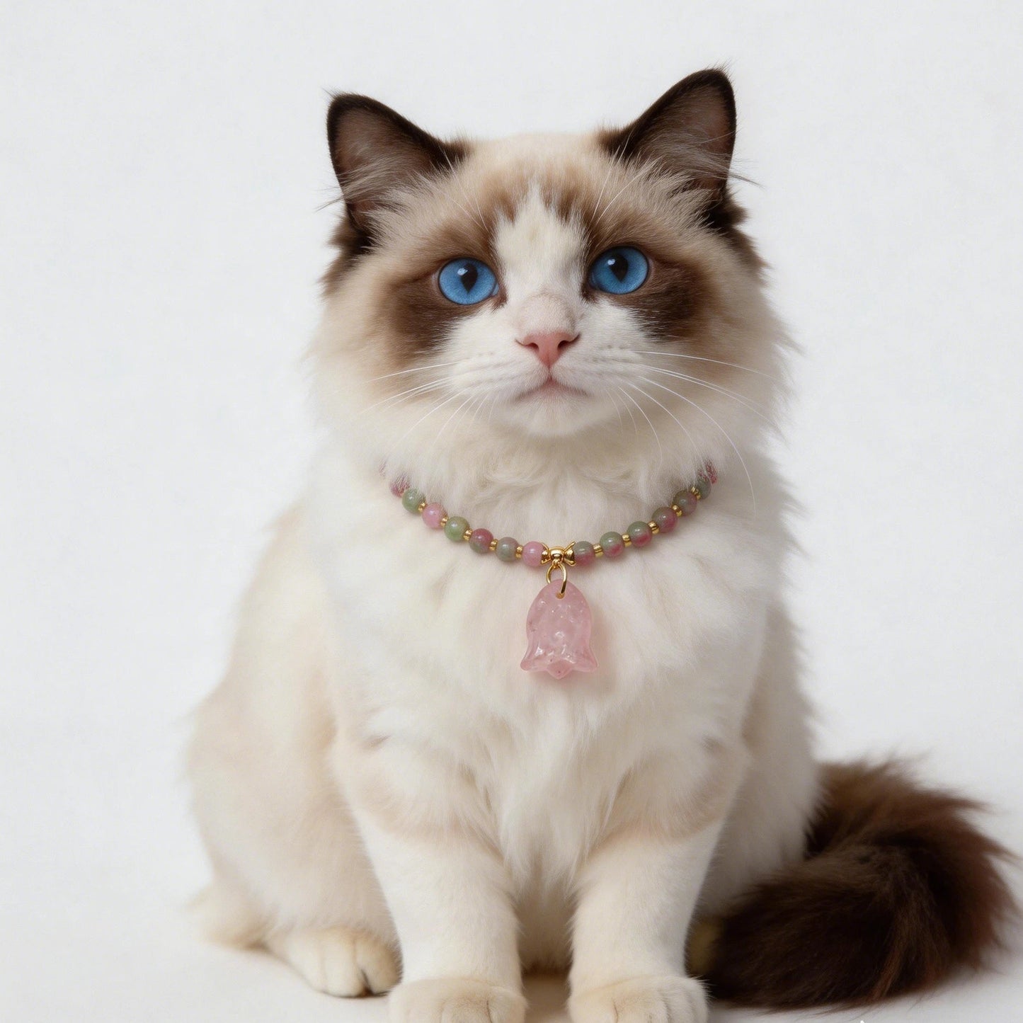 Elegant cat wearing watermelon tourmaline and rose quartz crystal collar necklace with gold spacers, healing gemstone pet jewelry for cats with heart chakra energy