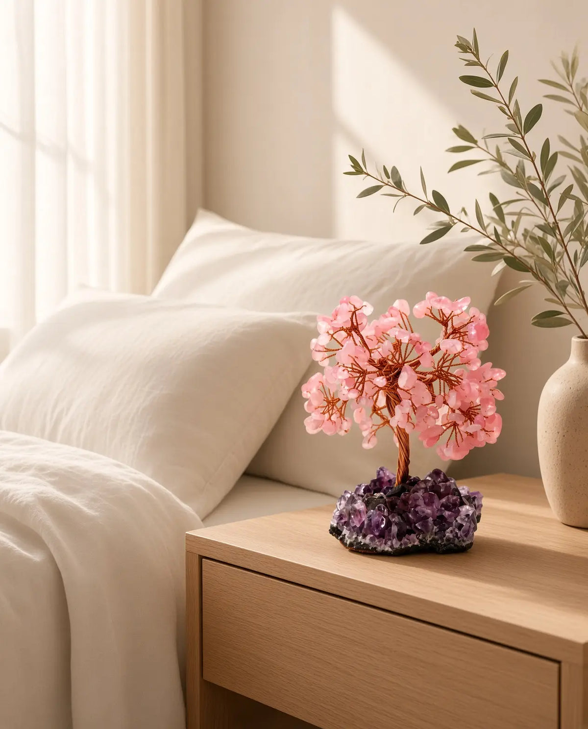 Rose quartz crystal tree on an amethyst base displayed on a bedroom nightstand in soft natural light