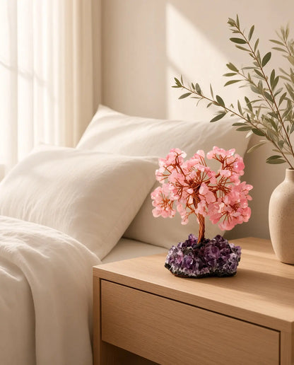 Rose quartz crystal tree on an amethyst base displayed on a bedroom nightstand in soft natural light