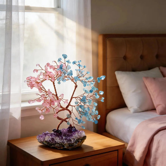 CHIGROVE Rose Quartz & Aquamarine Crystal Tree with Amethyst Base | Healing Spiritual Home Decor - ChiGrove