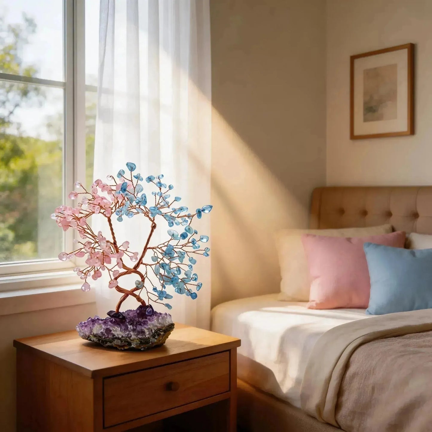 CHIGROVE Rose Quartz & Aquamarine Crystal Tree with Amethyst Base | Healing Spiritual Home Decor - ChiGrove