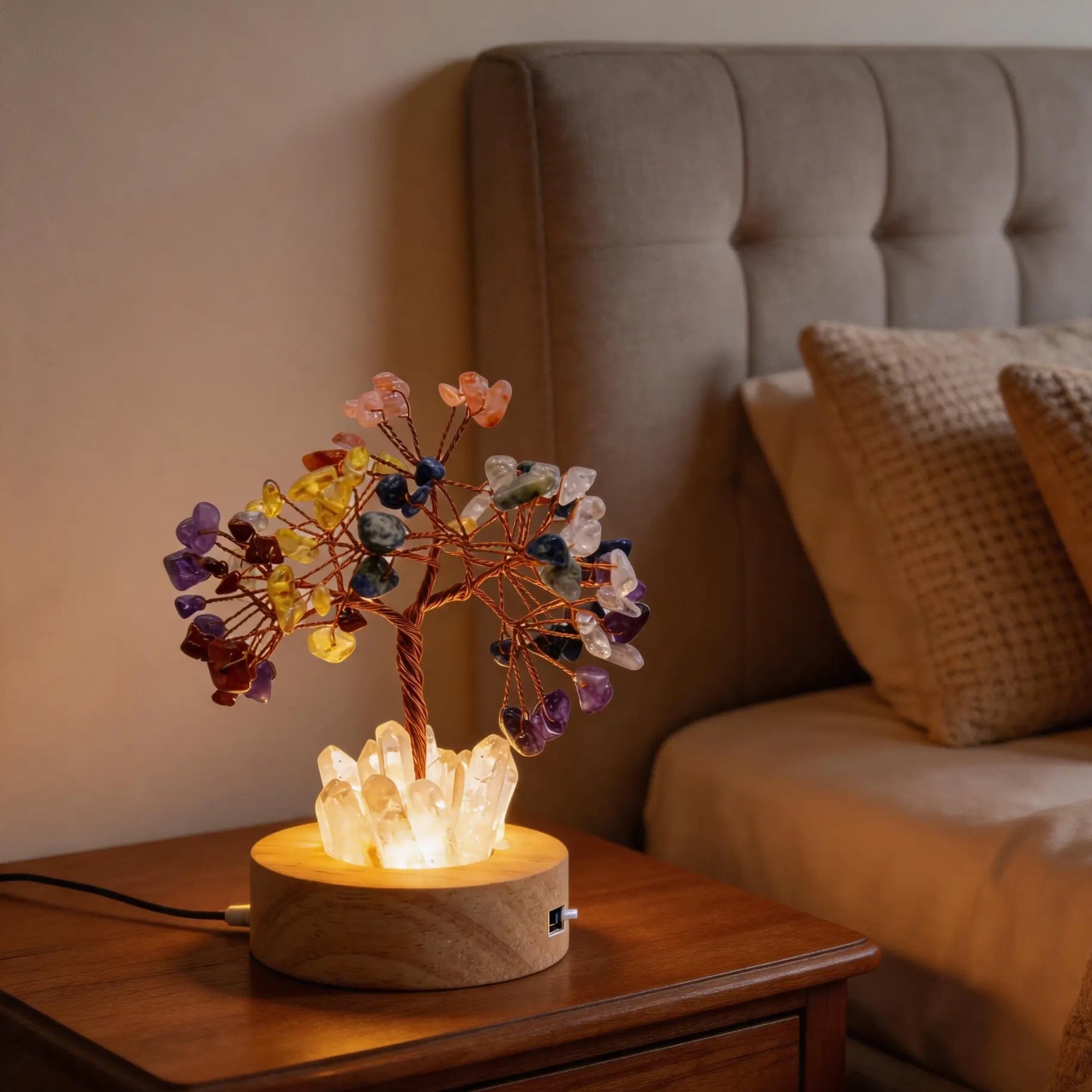 Handmade healing crystal tree lamp featuring natural chakra stones, copper wire branches, and LED light base, perfect for spiritual home decor.
