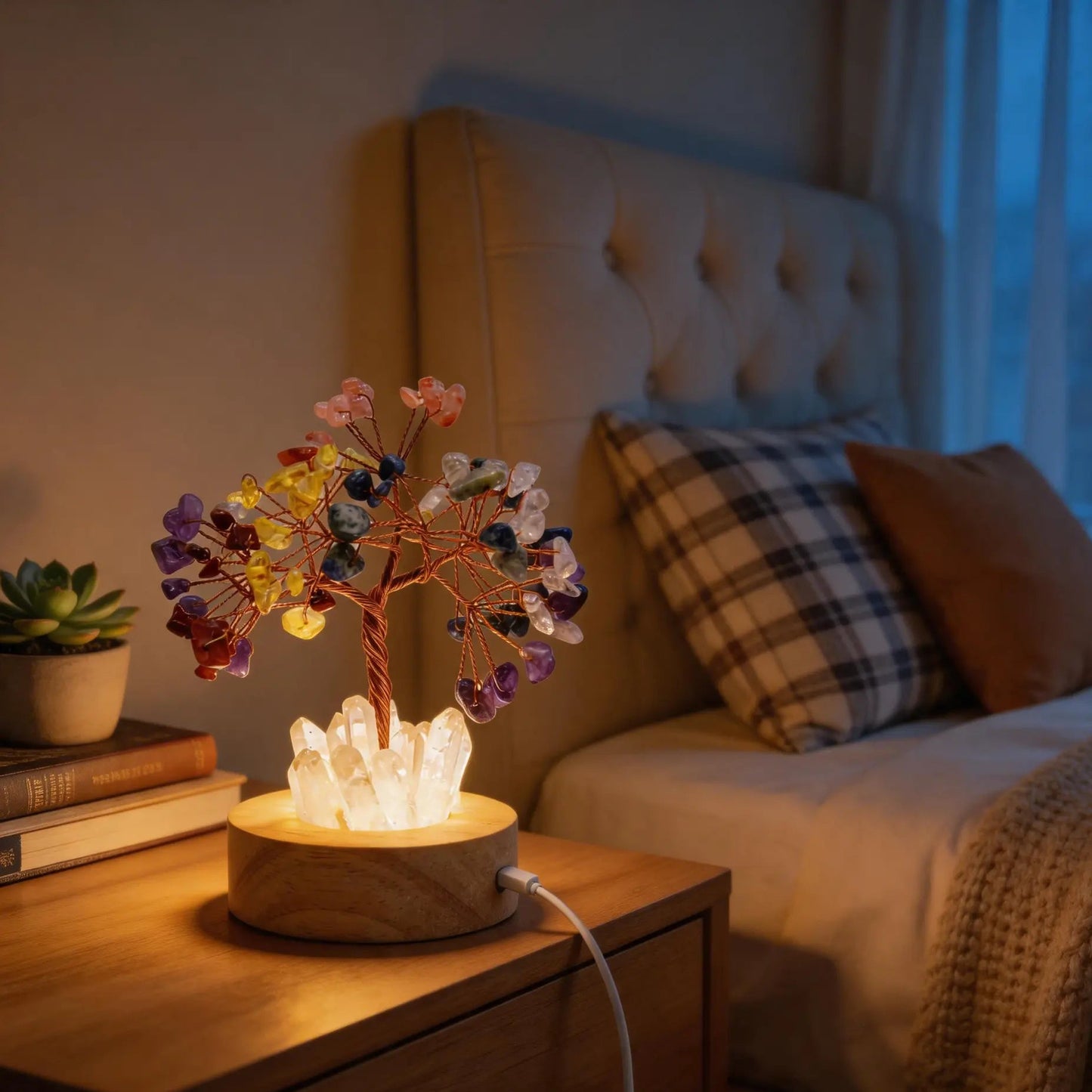 Handmade healing crystal tree lamp featuring natural chakra stones, copper wire branches, and LED light base, perfect for spiritual home decor.