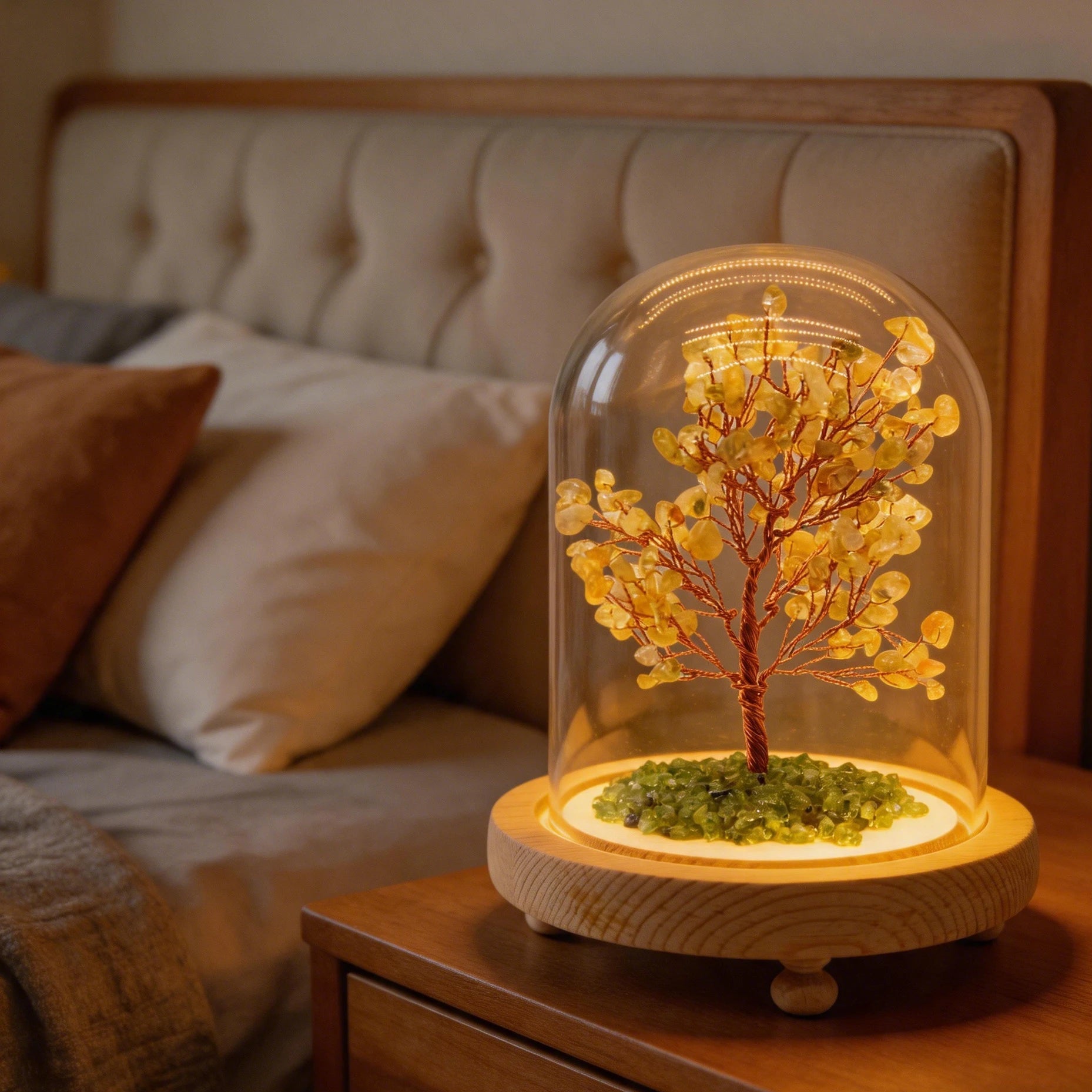 Handmade citrine money tree lamp with clear glass dome, natural peridot base, and LED lighting for positive energy.