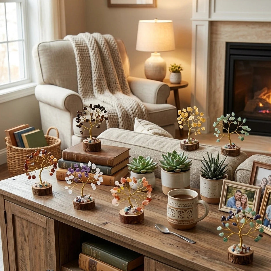 Mini crystal tree of life set displayed on a wooden console table in a cozy living room, with fireplace and bookshelf in the background.