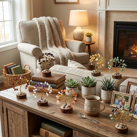 Mini crystal tree of life set displayed on a wooden console table in a cozy living room, with fireplace and bookshelf in the background.