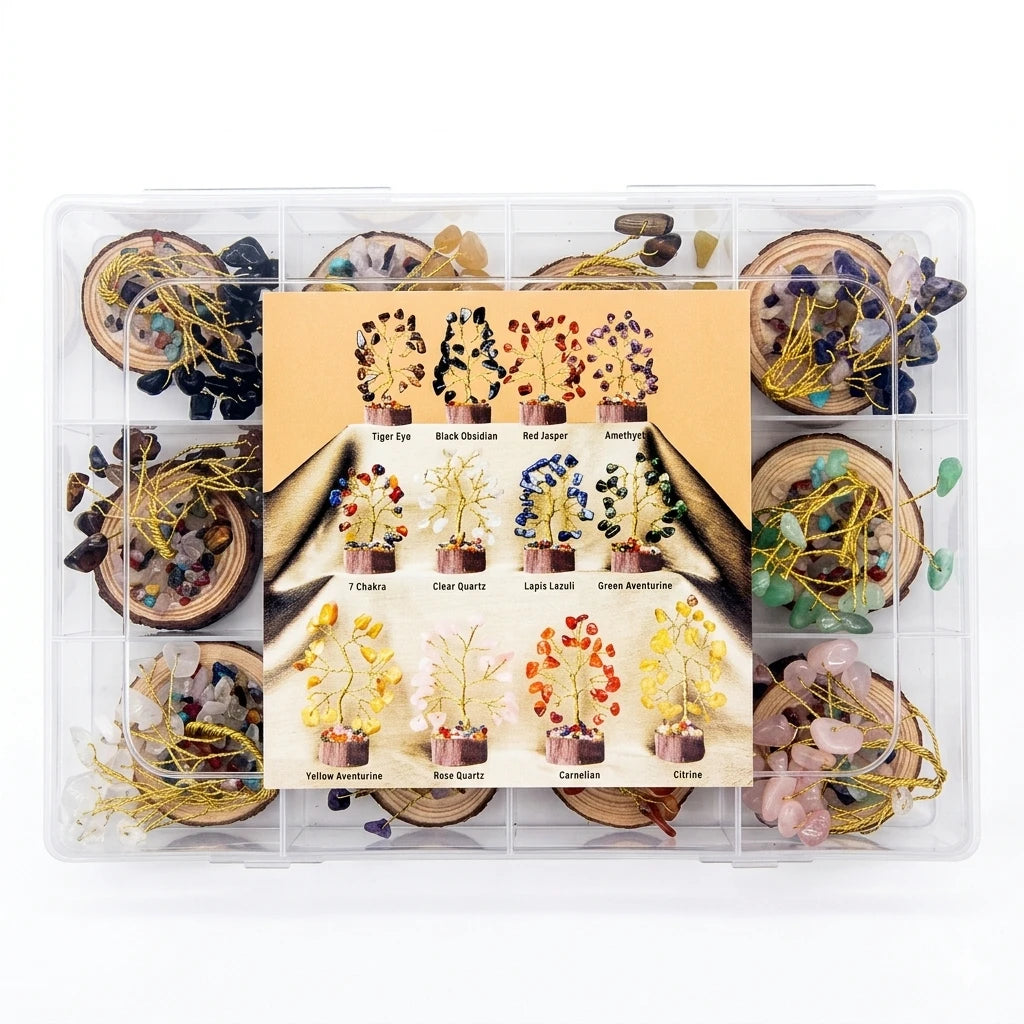 Multiple mini gemstone trees (citrine, green aventurine, black obsidian) arranged on a wooden shelf in a warm home setting, showcasing crystal home decor.