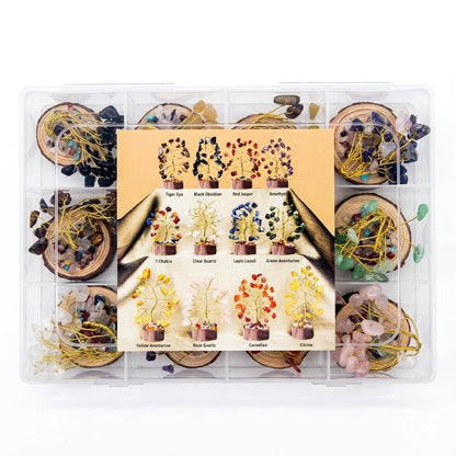 Multiple mini gemstone trees (citrine, green aventurine, black obsidian) arranged on a wooden shelf in a warm home setting, showcasing crystal home decor.