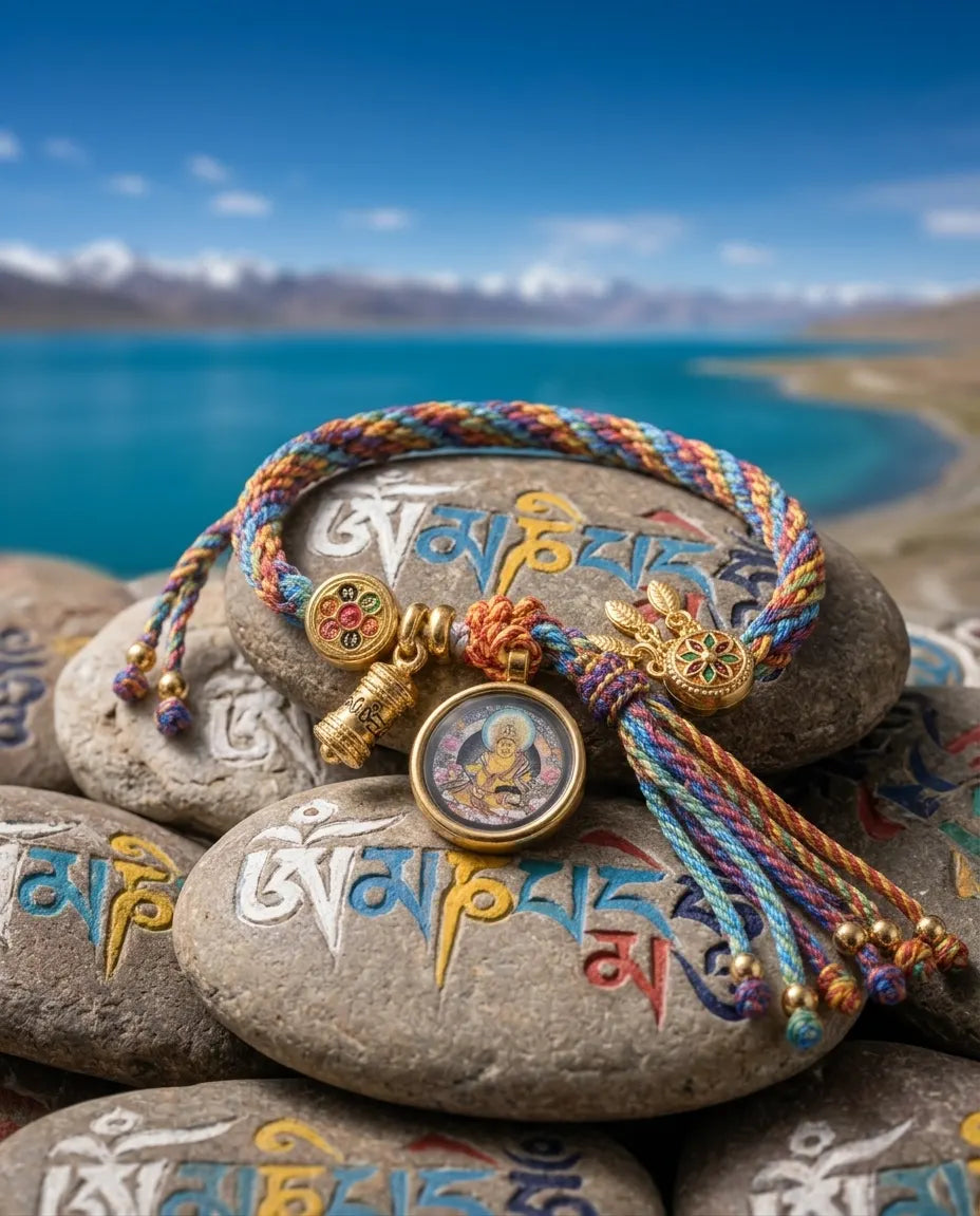 Thangka bracelet on painted mantra stones with a blue lake and mountains behind