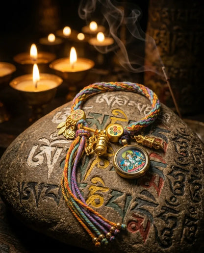 Thangka bracelet on a carved stone among butter lamps and incense smoke