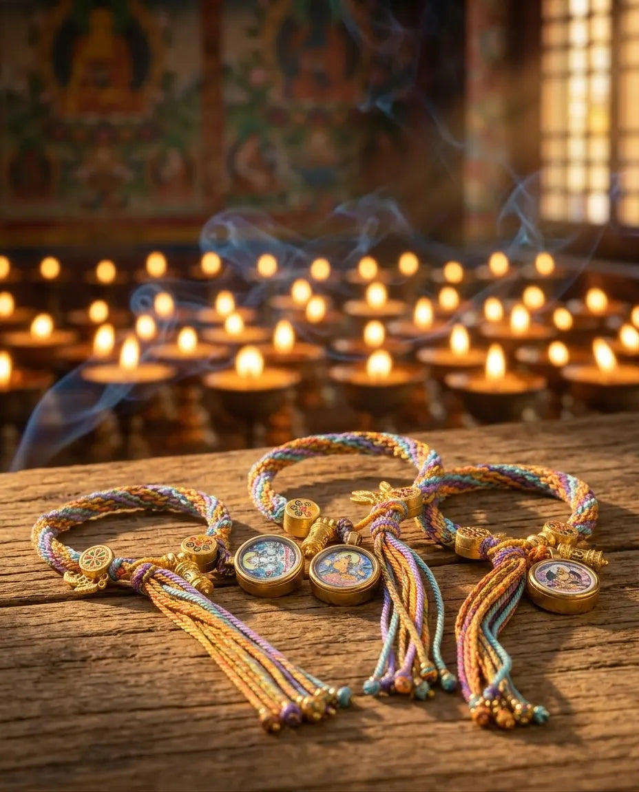 Three braided Thangka bracelets with gold medallions and tassels on a wooden table, butter lamps and smoke behind