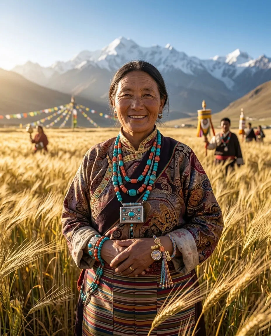 Smiling woman in Tibetan dress standing in a wheat field, wearing turquoise beads and a Thangka bracelet, mountains behind