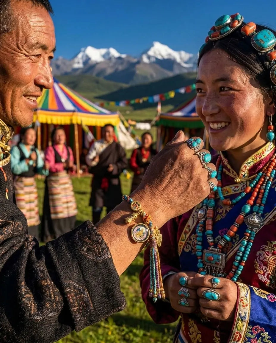 Man showing a Thangka bracelet on his wrist to a smiling woman at a festival, tents and mountains behind