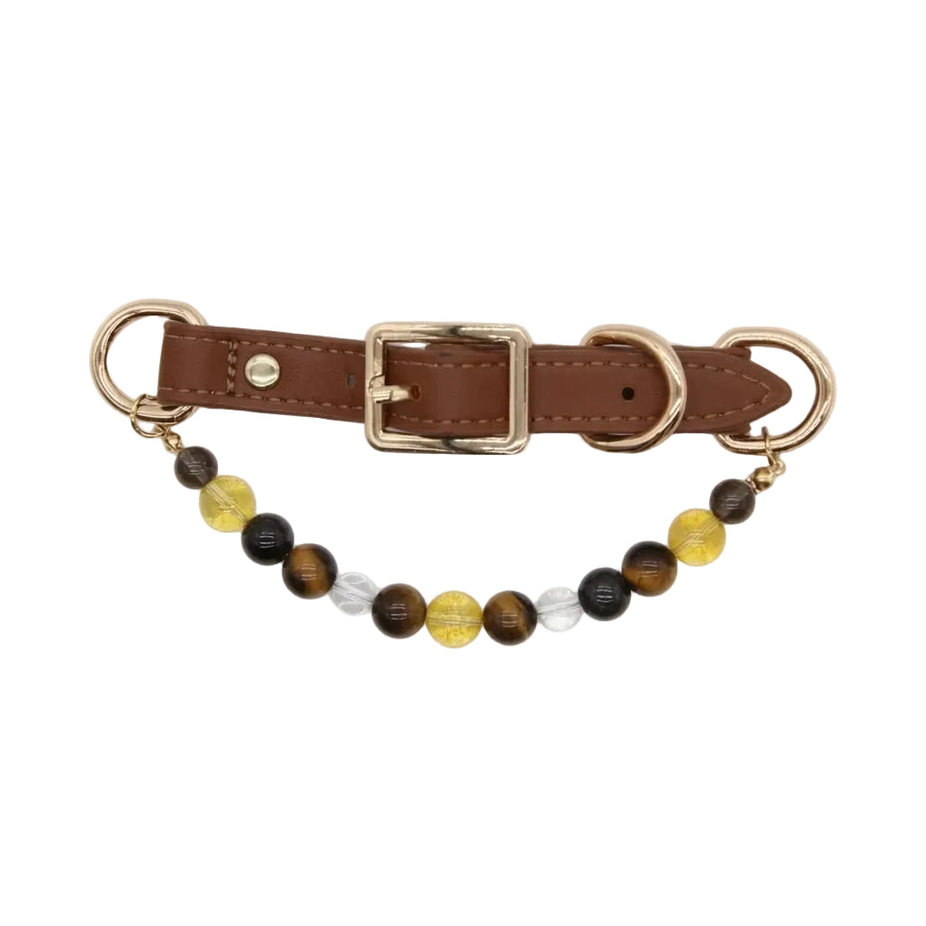 Genuine brown leather dog collar with gold square buckle hardware and natural healing crystal bead strand featuring tiger's eye, citrine, black obsidian and clear quartz, pet crystal jewelry on white background
