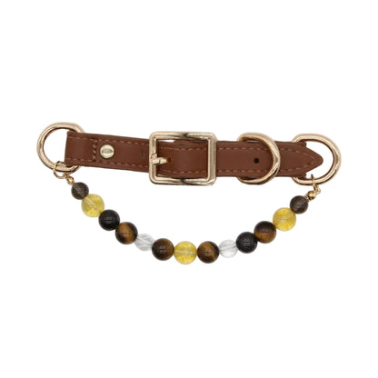 Genuine brown leather dog collar with gold square buckle hardware and natural healing crystal bead strand featuring tiger's eye, citrine, black obsidian and clear quartz, pet crystal jewelry on white background