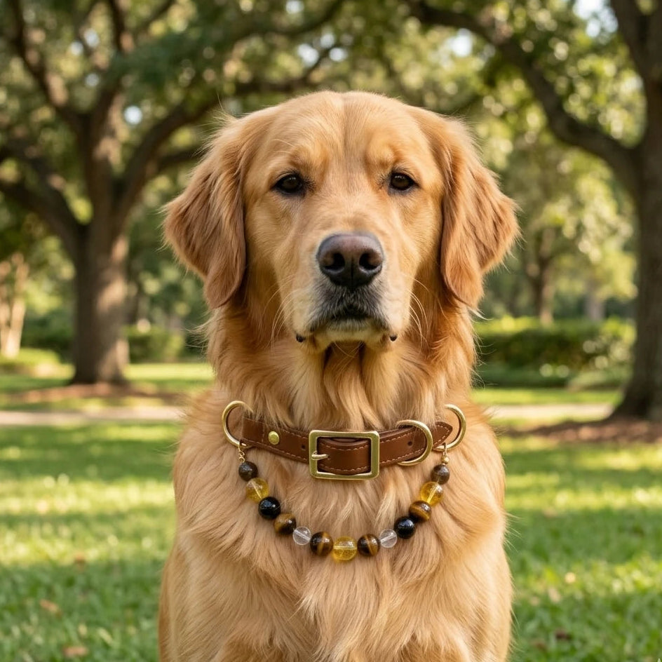 Dog wearing a genuine leather crystal collar with tiger's eye and citrine beads