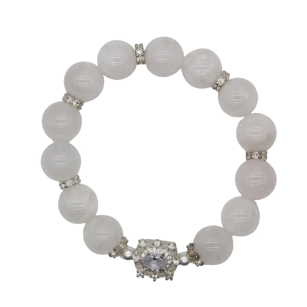Natural white jade bead bracelet with silver CZ rondelle spacers and ornate silver blue-violet centerpiece, 12mm healing gemstone bracelet for crown chakra clarity on white background