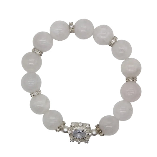 Natural white jade bead bracelet with silver CZ rondelle spacers and ornate silver blue-violet centerpiece, 12mm healing gemstone bracelet for crown chakra clarity on white background