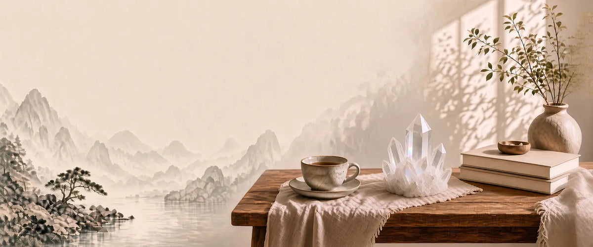 Clear quartz crystal cluster on a wooden table with tea, books and a ceramic vase of greenery, set against a misty mountain landscape