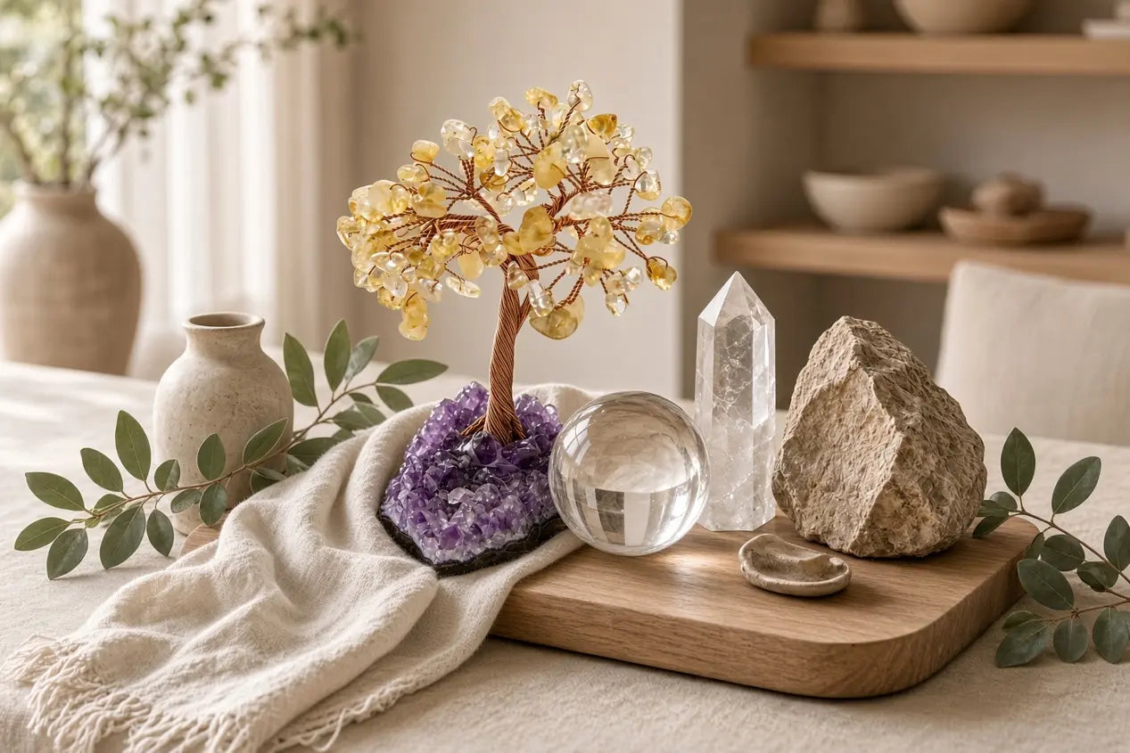Crystal tree, sphere and tower arranged on a wooden tray