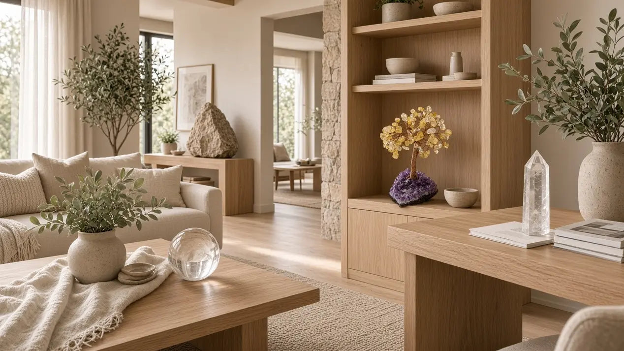 Sphere, crystal tree and tower placed in different rooms
