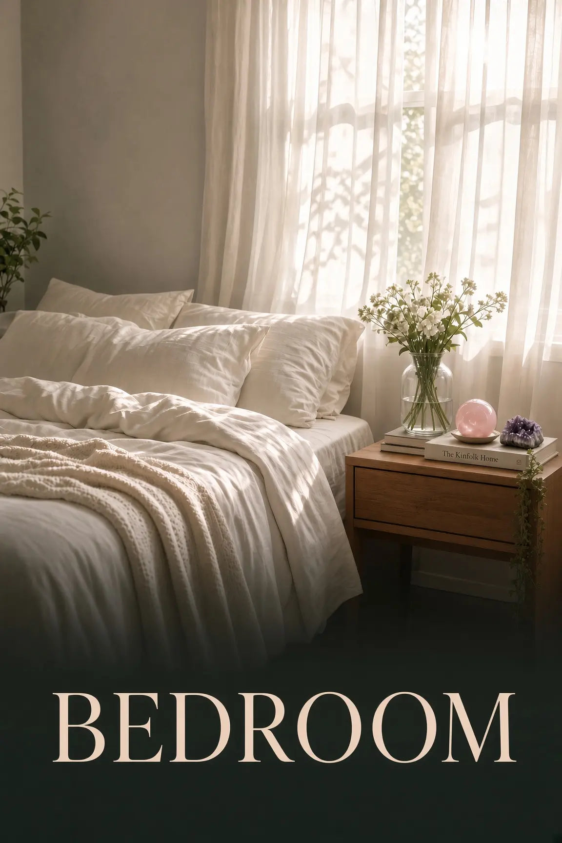 Serene sunlit bedroom with rose quartz, amethyst and flowers on a wooden nightstand beside white bedding