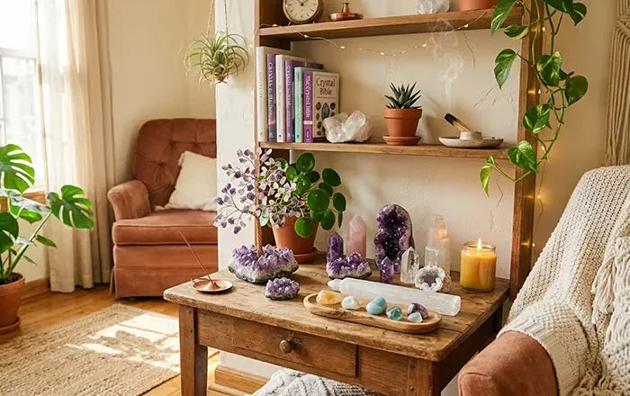 Spiritual home decor display featuring natural crystal clusters, tumbled stones, and healing crystals arranged on a wooden table in a warm boho-style room