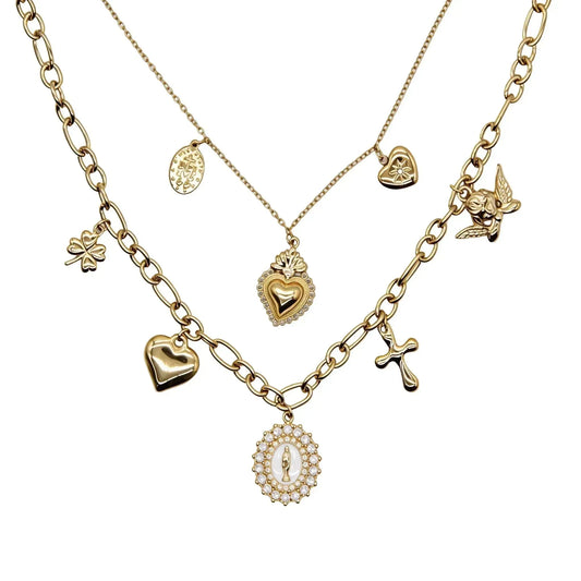 CHIGROVE 14K Gold Plated Layered Charm Necklace | Religious Virgin Mary Cross Jewelry for Women Daily Wear - ChiGrove