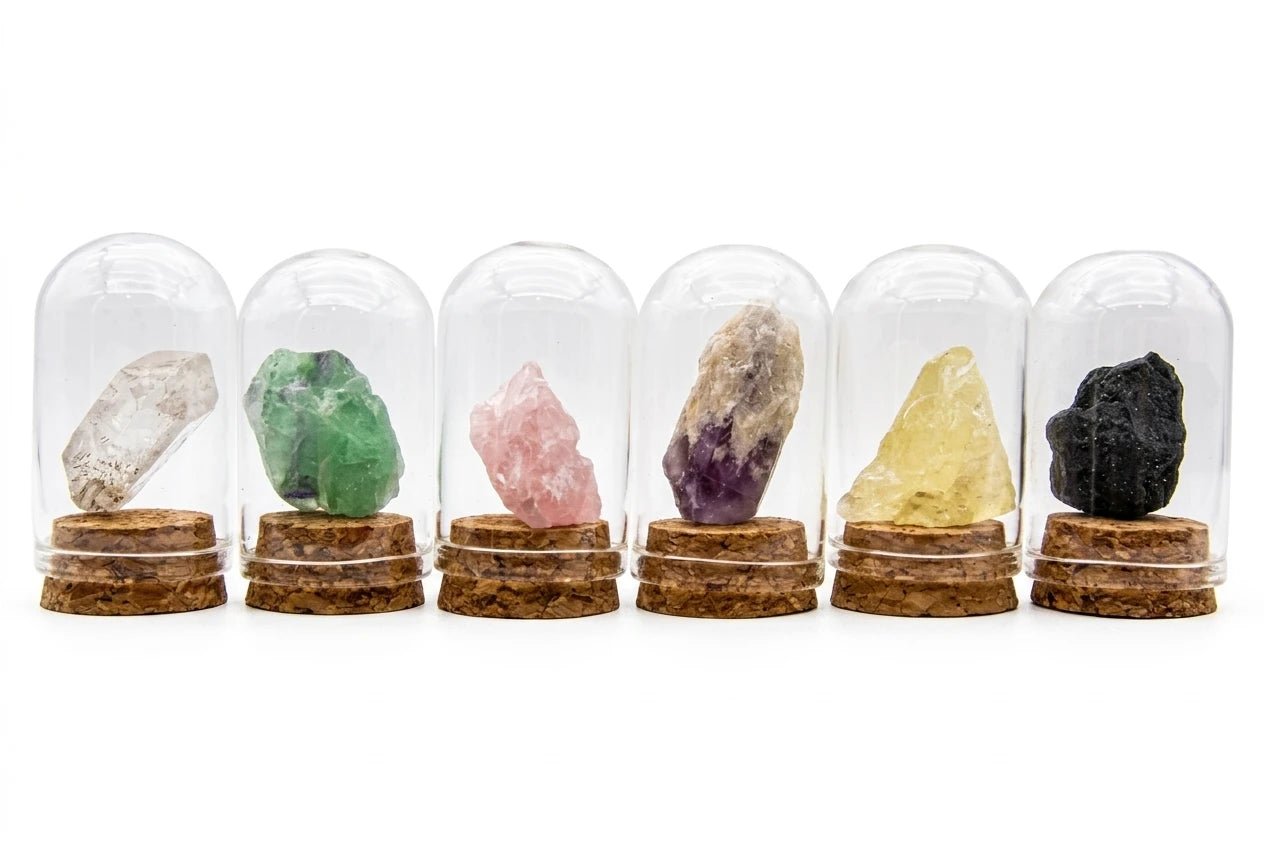 CHIGROVE Black Tourmaline Specimen in Glass Cloche for Protection & Meditation | Natural Rough Stone Desk Decor - ChiGrove